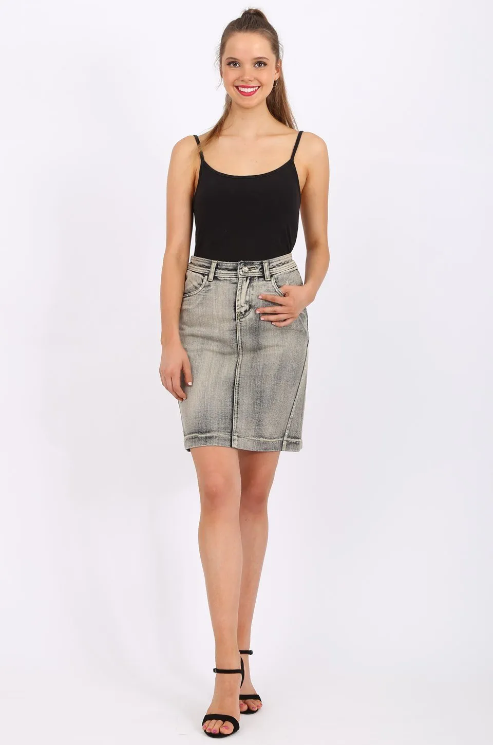 MISS PINKI Selena Knee Length Denim skirt in light grey wash