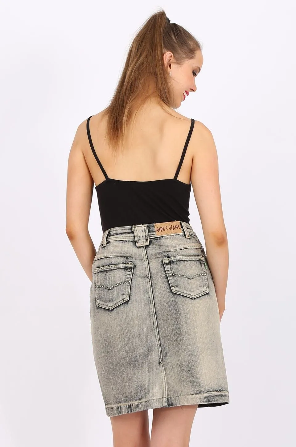 MISS PINKI Selena Knee Length Denim skirt in light grey wash