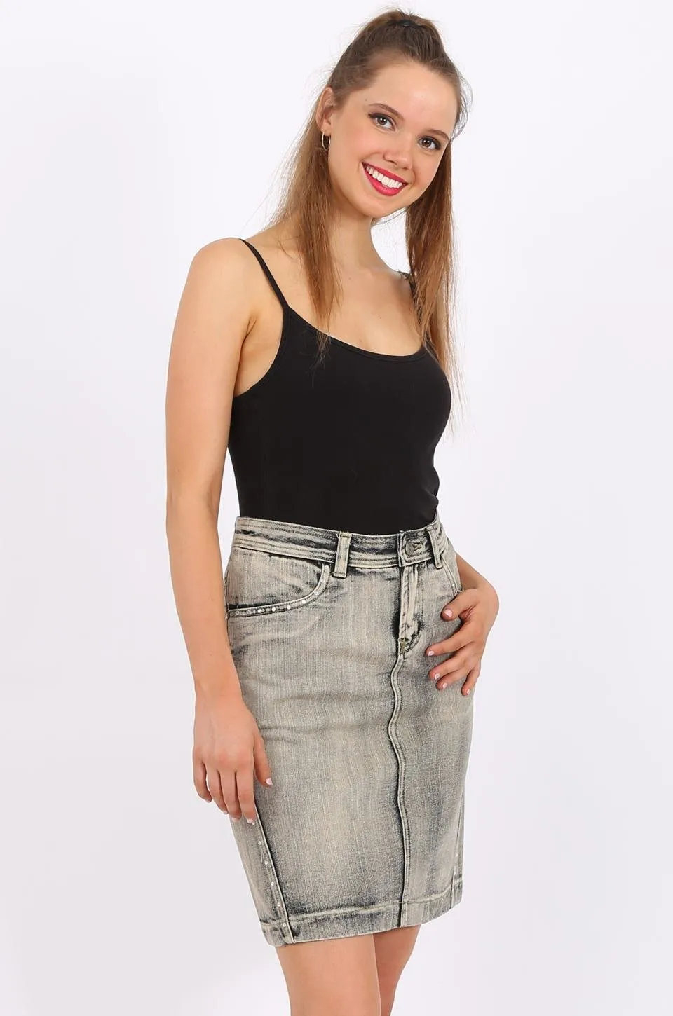 MISS PINKI Selena Knee Length Denim skirt in light grey wash