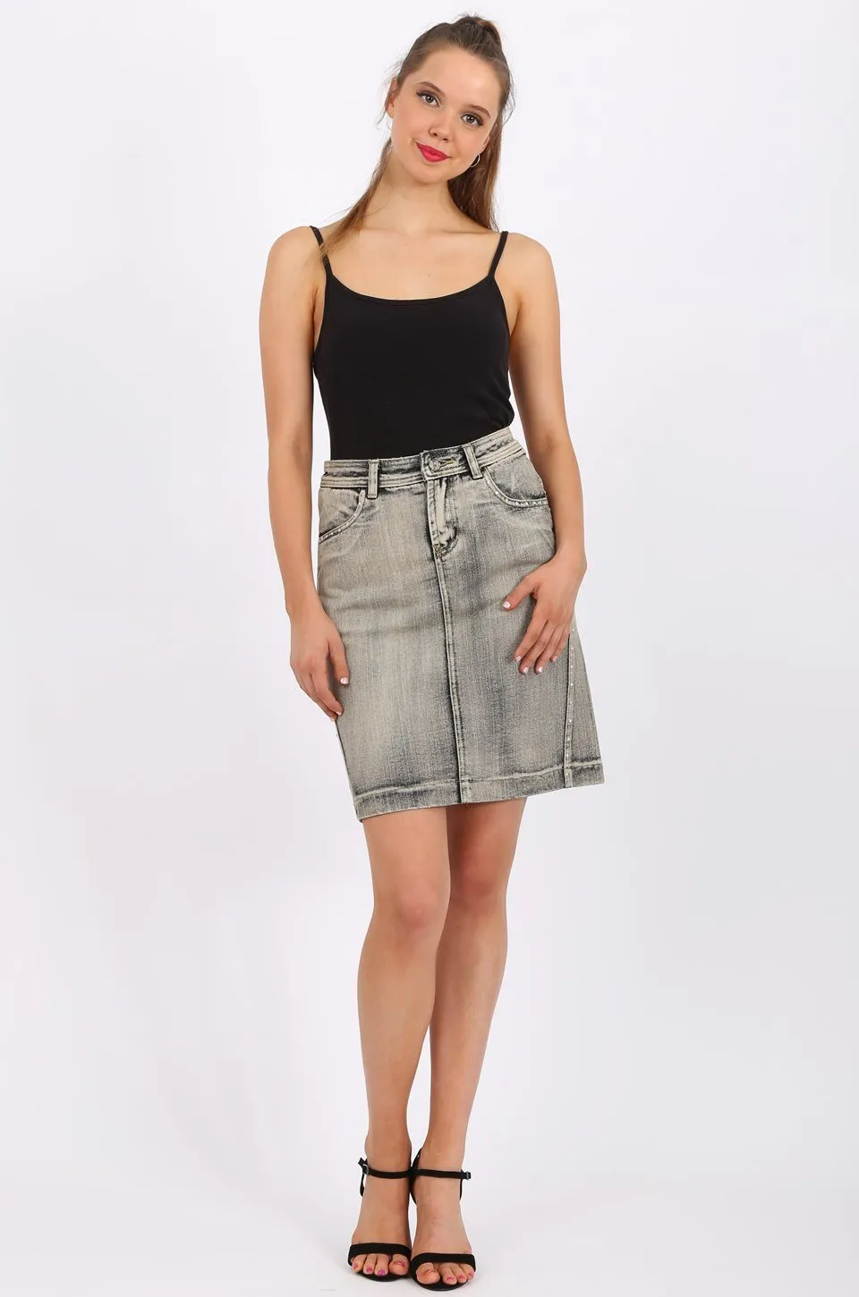 MISS PINKI Selena Knee Length Denim skirt in light grey wash