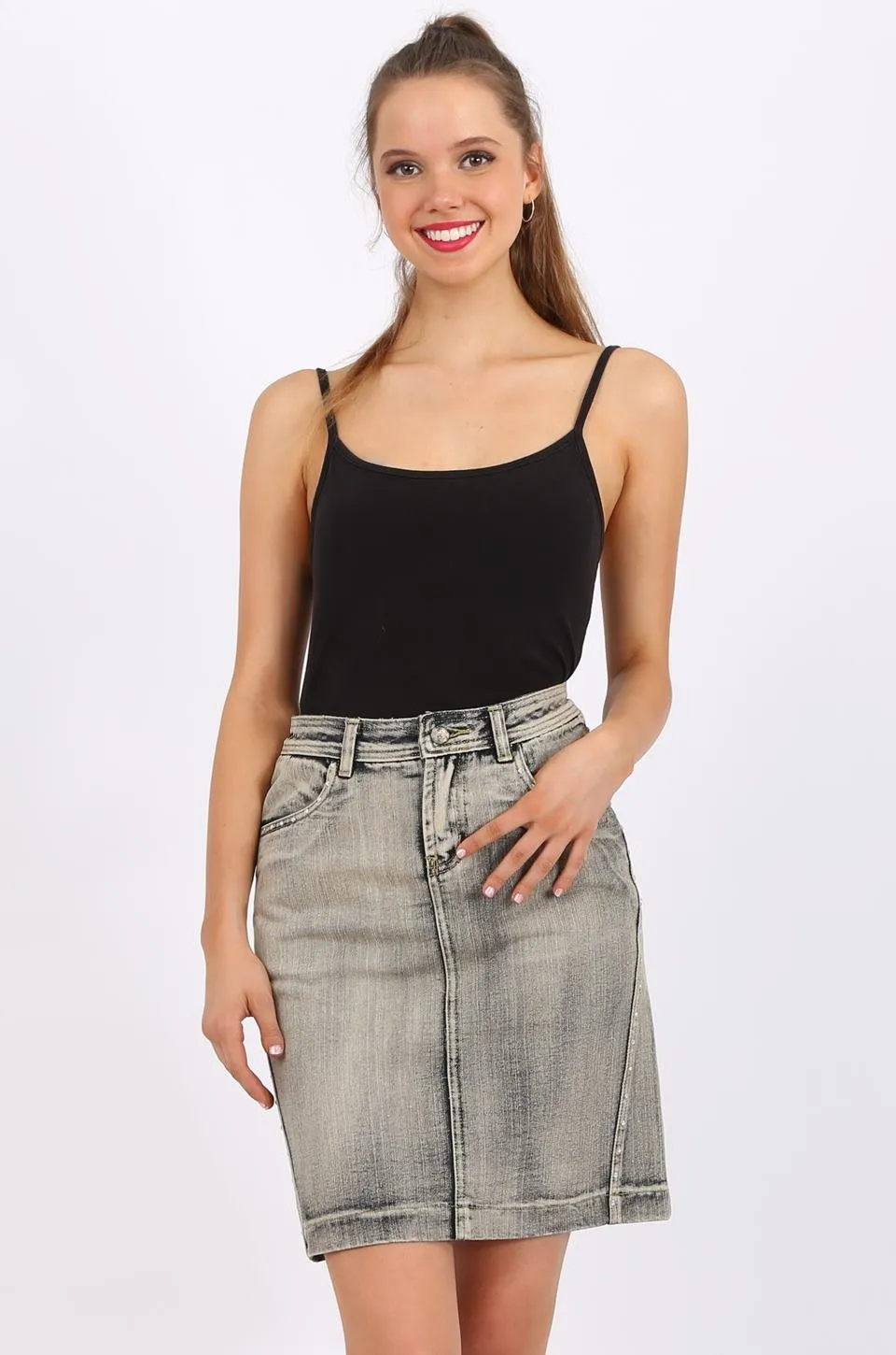 MISS PINKI Selena Knee Length Denim skirt in light grey wash