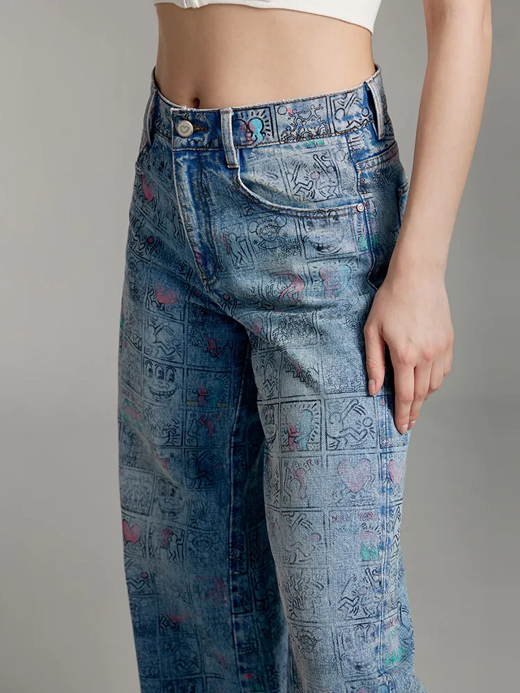 Miss Sixty x Keith Haring Capsule Collection Wide Leg Denim Pant With Print