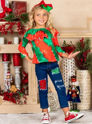 Mistletoe Tie Dye Sparkle Patched Jeans Set