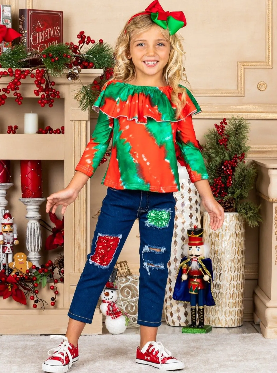 Mistletoe Tie Dye Sparkle Patched Jeans Set