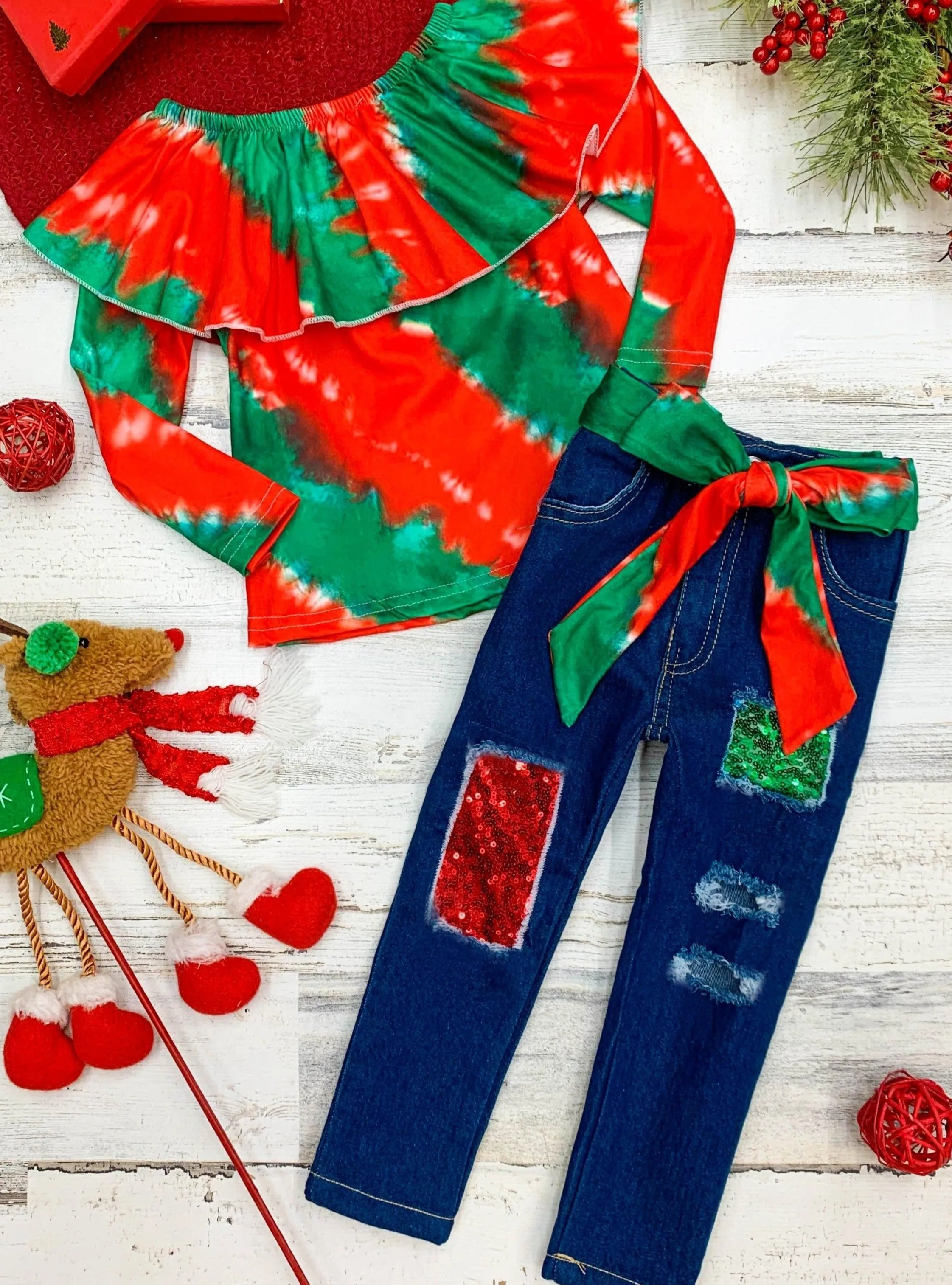 Mistletoe Tie Dye Sparkle Patched Jeans Set
