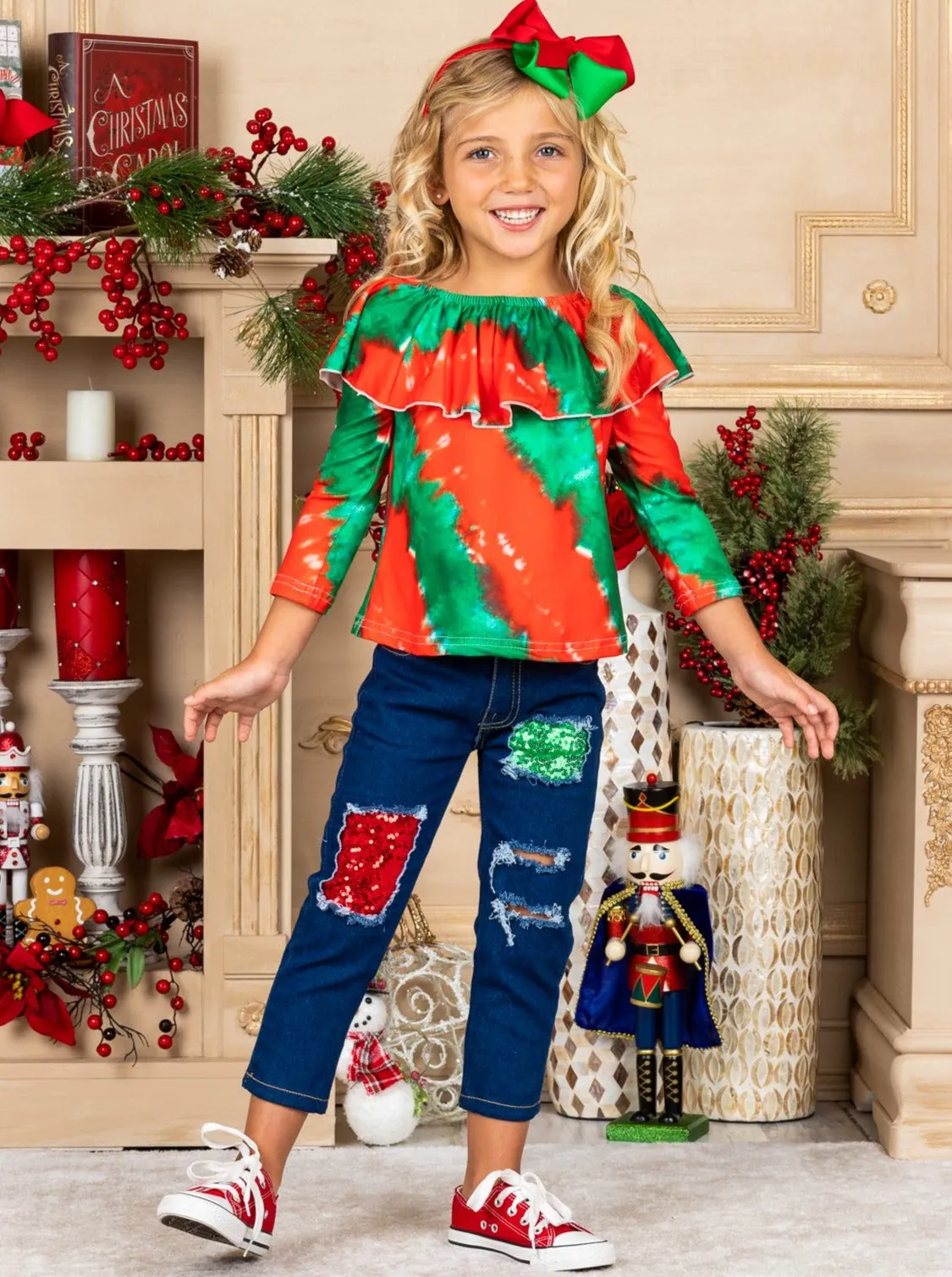 Mistletoe Tie Dye Sparkle Patched Jeans Set