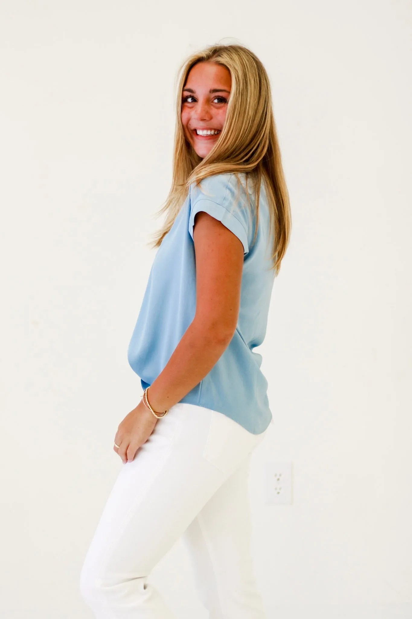 Modern Maven Split Neck Blouse in Denim Blue