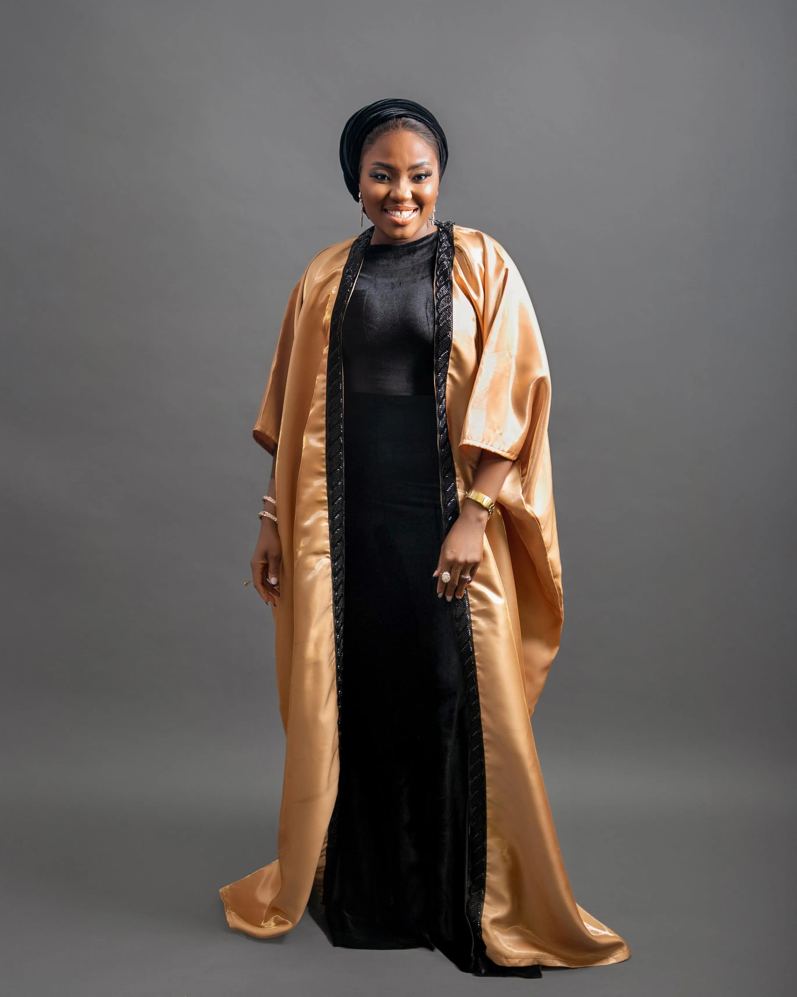 Moro long black velvet dress and embellished kimono set