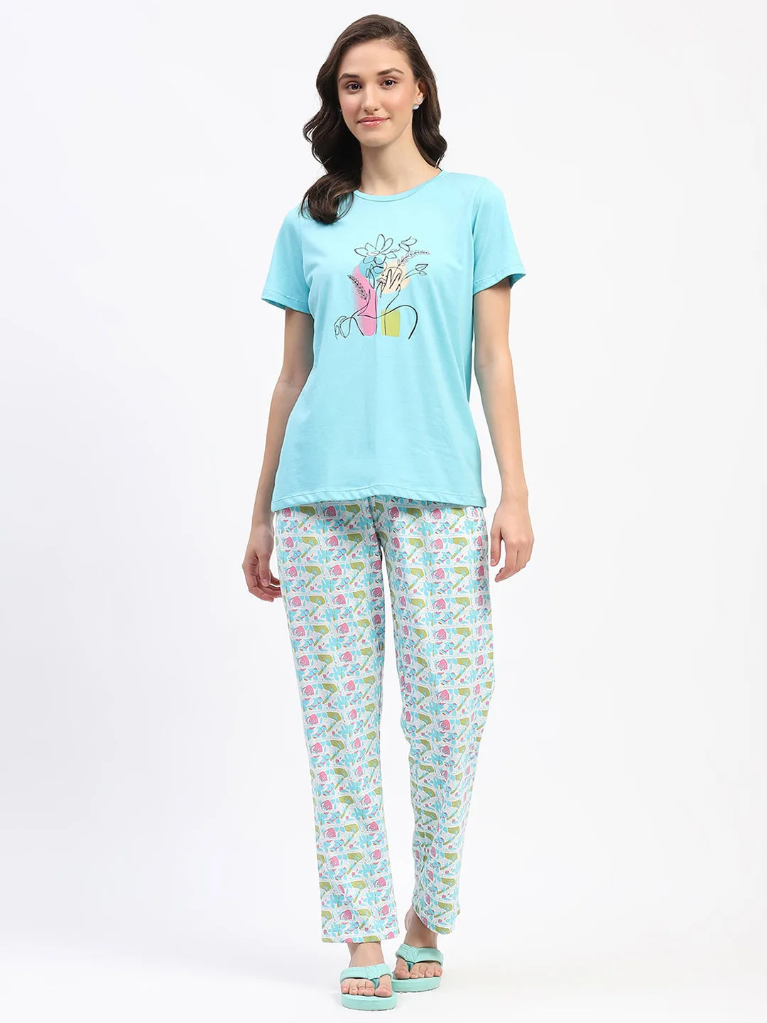 mSECRET Blue Cotton T-Shirt and Floral Print Pyjama Night suit Set