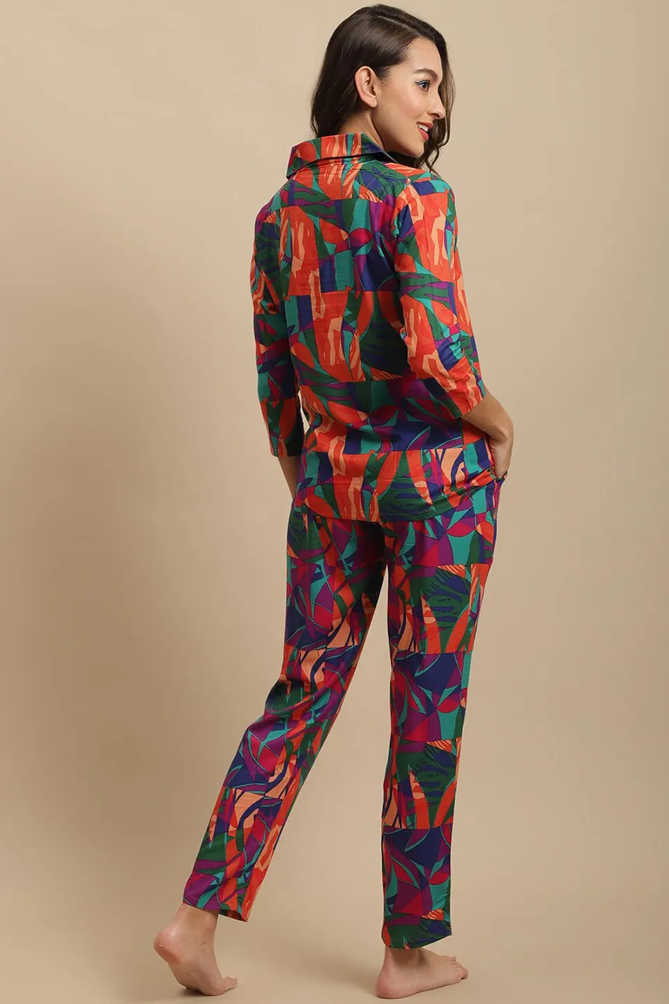Multi-Color Abstract Printed Viscose Rayon Night Suit for Women | S-XL | Claura
