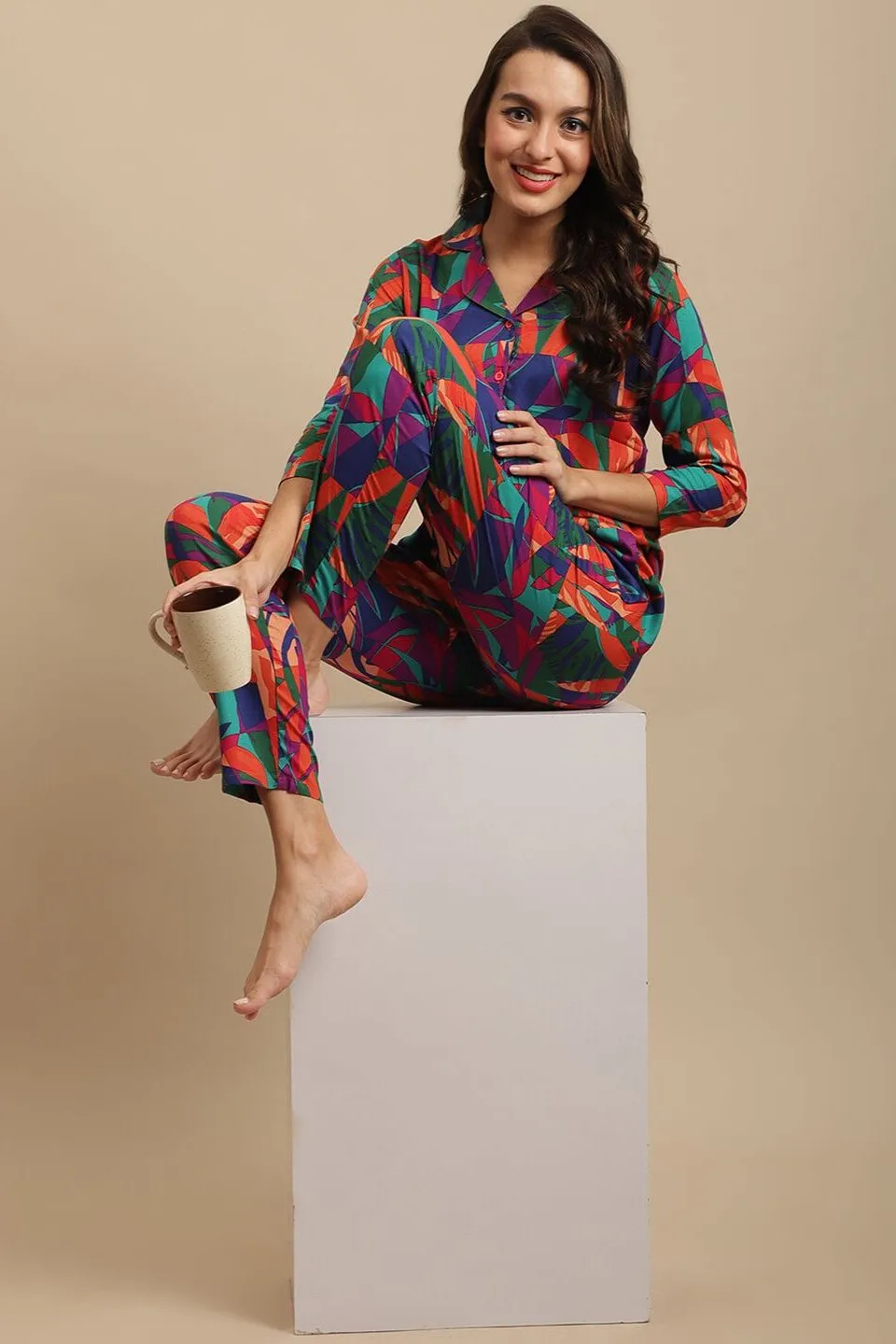 Multi-Color Abstract Printed Viscose Rayon Night Suit for Women | S-XL | Claura