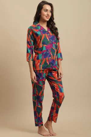 Multi-Color Abstract Printed Viscose Rayon Night Suit for Women | S-XL | Claura