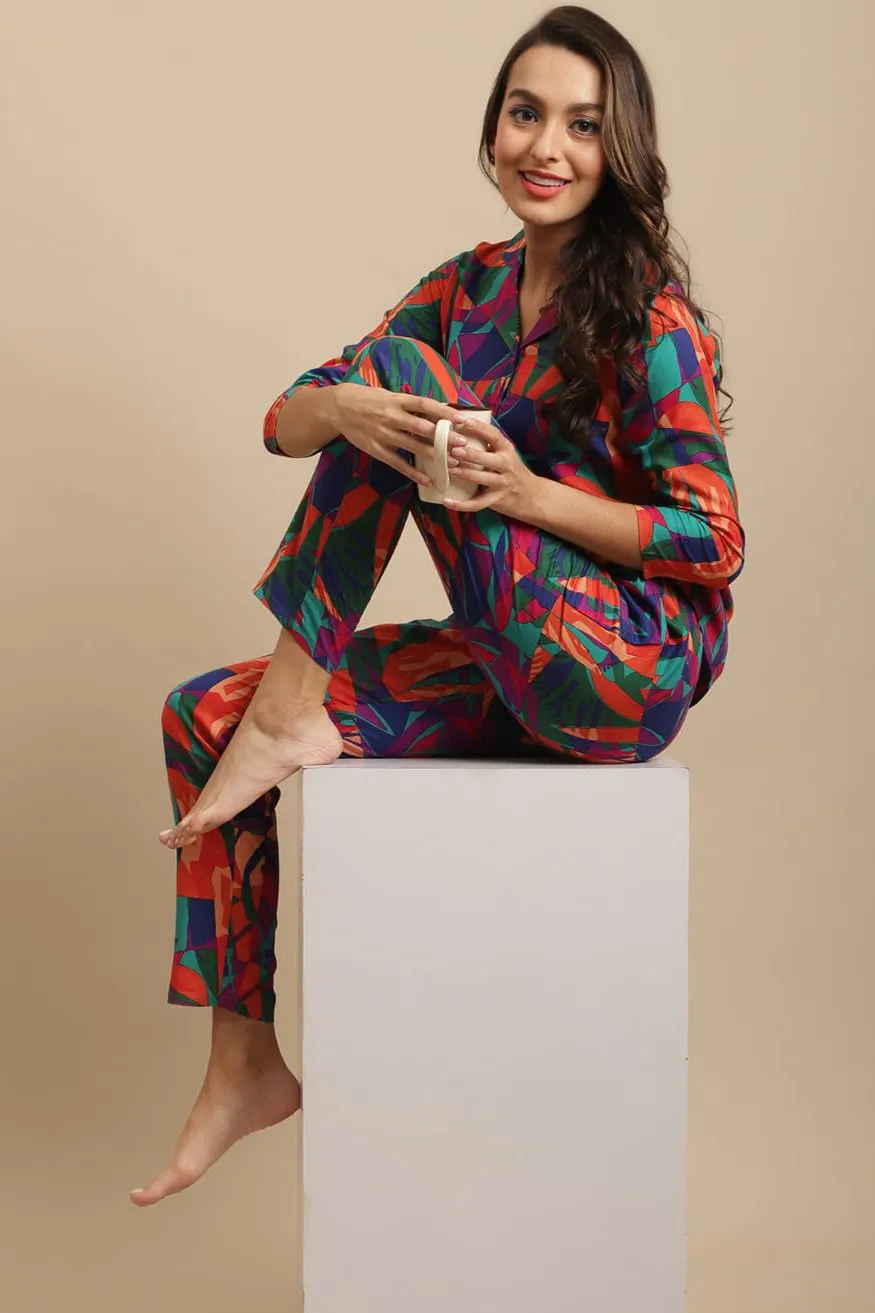Multi-Color Abstract Printed Viscose Rayon Night Suit for Women | S-XL | Claura