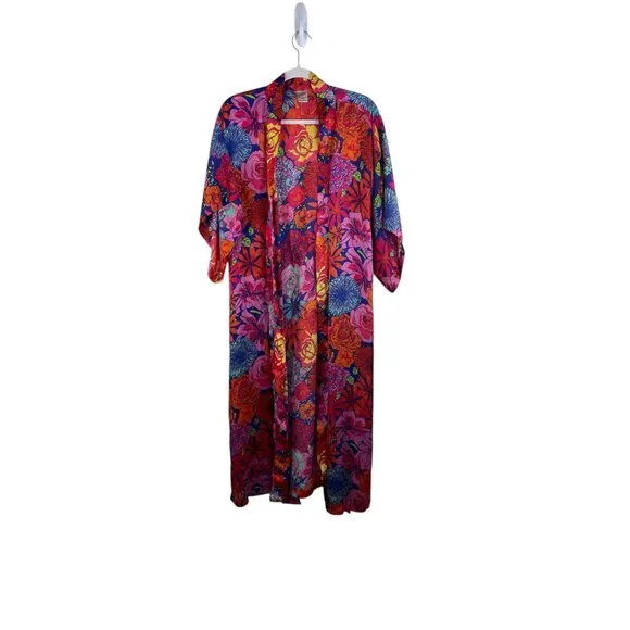 Natori Womens Floral Kimono Robe S Vibrant Colors 100% Polyester