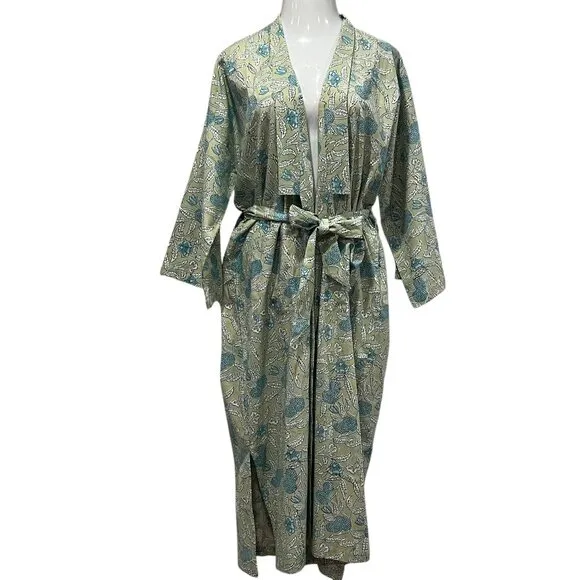 Natural Habitat Floral Block Print Robe, NWT, Green Blue, OS
