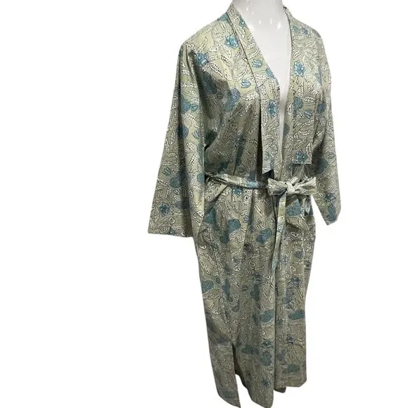 Natural Habitat Floral Block Print Robe, NWT, Green Blue, OS