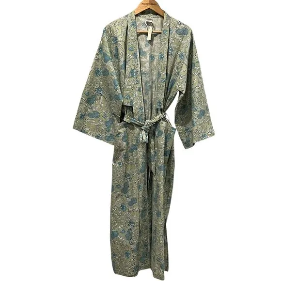 Natural Habitat Floral Block Print Robe, NWT, Green Blue, OS