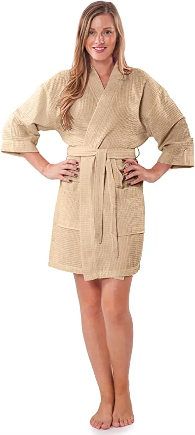 New Turquaz Linen Lightweight Thigh Length Waffle Kimono Spa Robe Taupe Sz XXL! Retails $121 