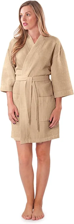 New Turquaz Linen Lightweight Thigh Length Waffle Kimono Spa Robe Taupe Sz XXL! Retails $121 