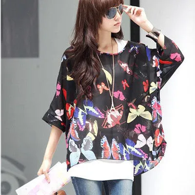 Novelty Women Casual Shirts Tops Plus Size 4XL 5XL 6XL Women's Batwing Chiffon Blouses