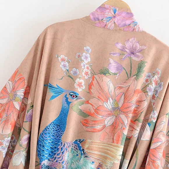 Now in Nude!!! Beautiful kimono wrap with peacock
