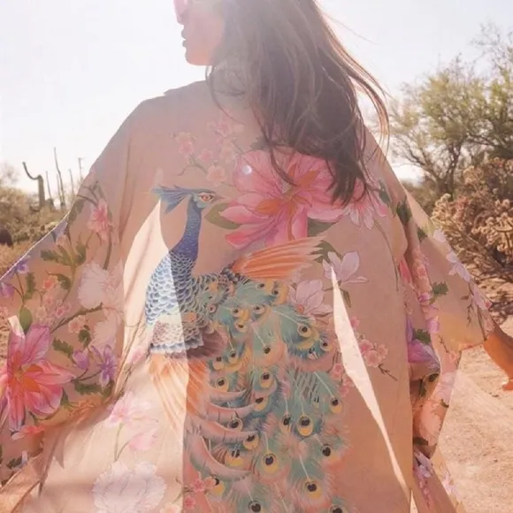 Now in Nude!!! Beautiful kimono wrap with peacock