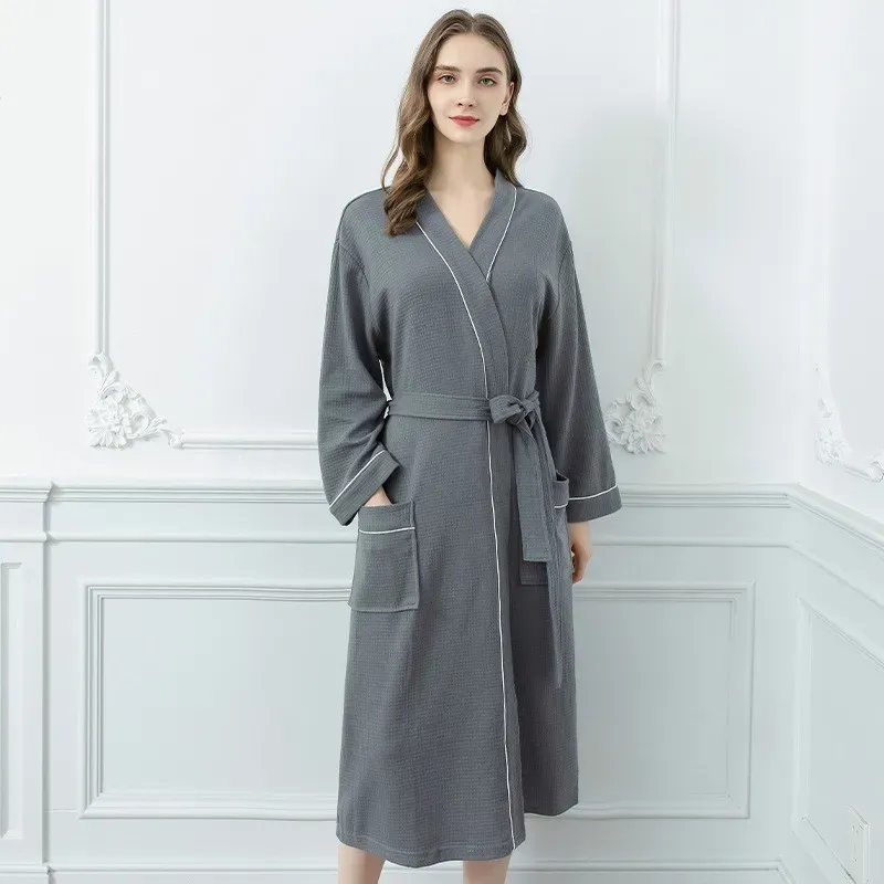 Ocean Breeze Waffle-Knit Long Cotton Robe