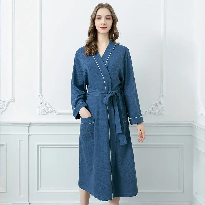 Ocean Breeze Waffle-Knit Long Cotton Robe