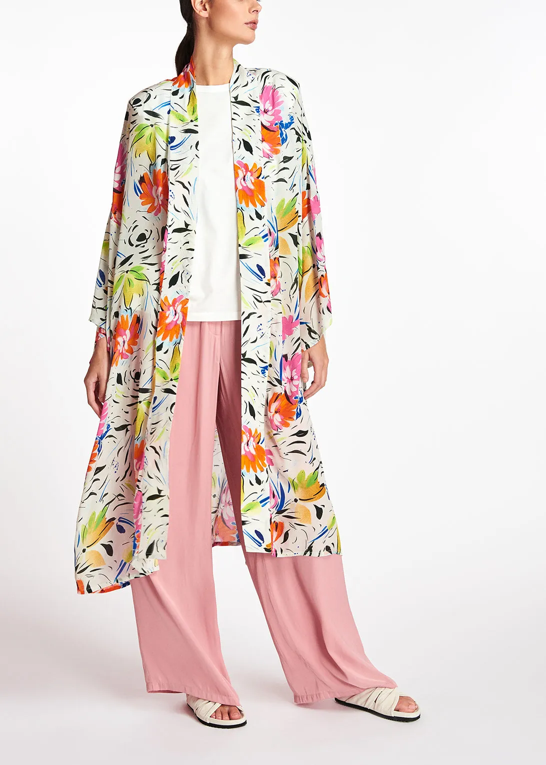Off-white floral print kimono