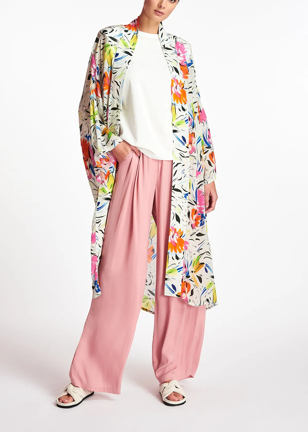 Off-white floral print kimono
