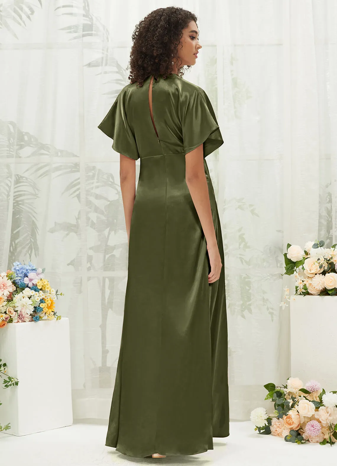 Olive V-Neck Short Sleeve Satin Maxi Bridesmaid Dress With Slit