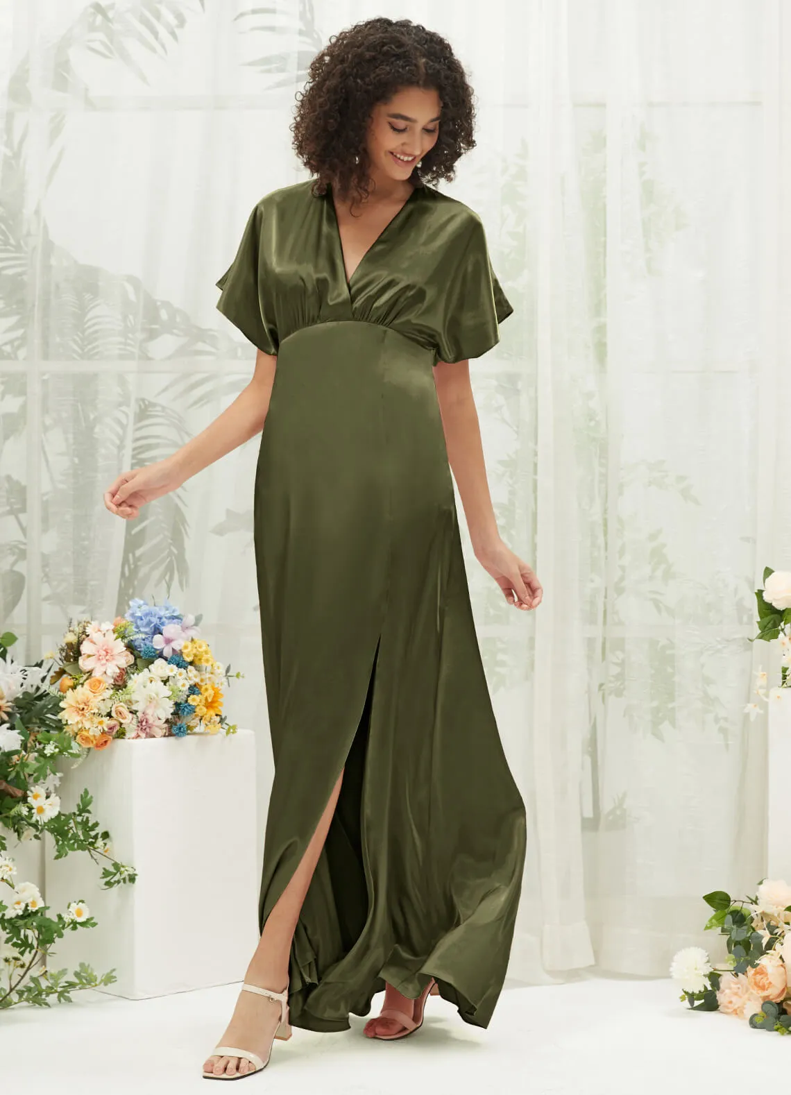 Olive V-Neck Short Sleeve Satin Maxi Bridesmaid Dress With Slit