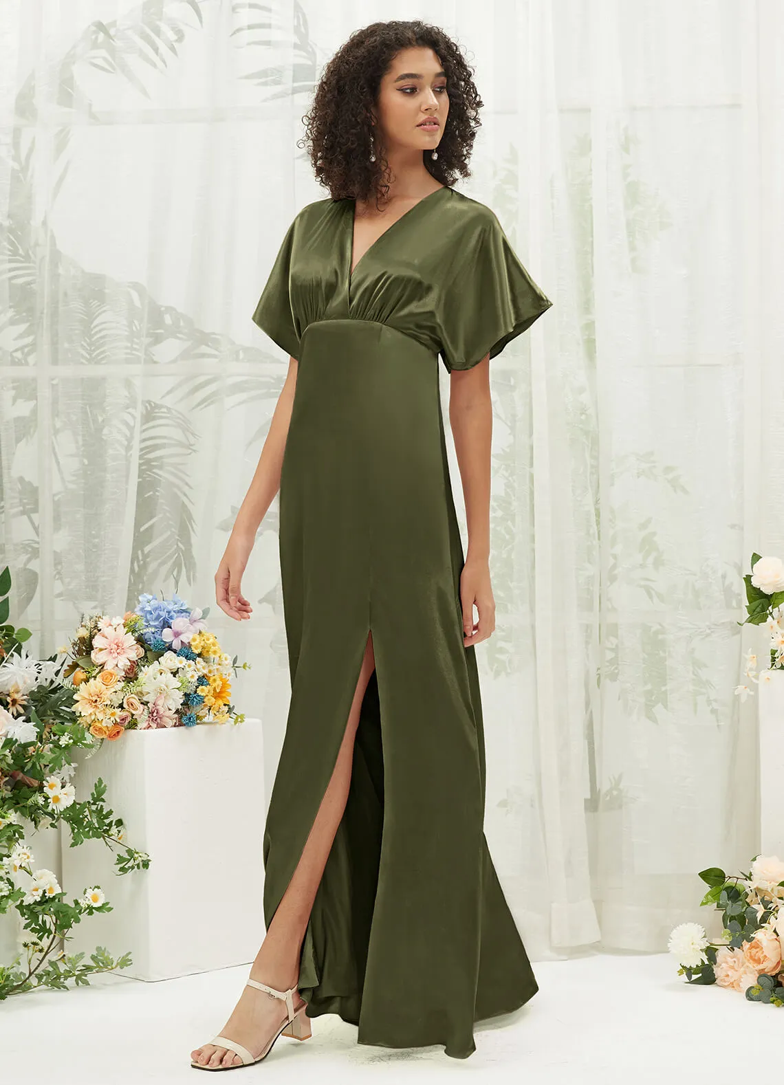 Olive V-Neck Short Sleeve Satin Maxi Bridesmaid Dress With Slit