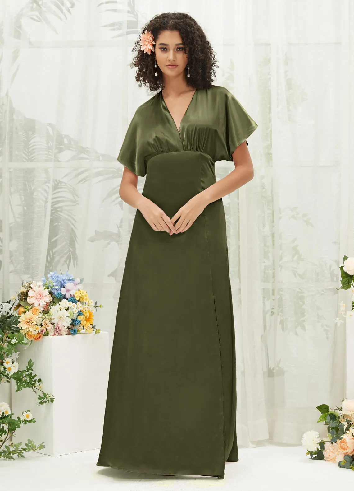Olive V-Neck Short Sleeve Satin Maxi Bridesmaid Dress With Slit