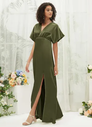 Olive V-Neck Short Sleeve Satin Maxi Bridesmaid Dress With Slit