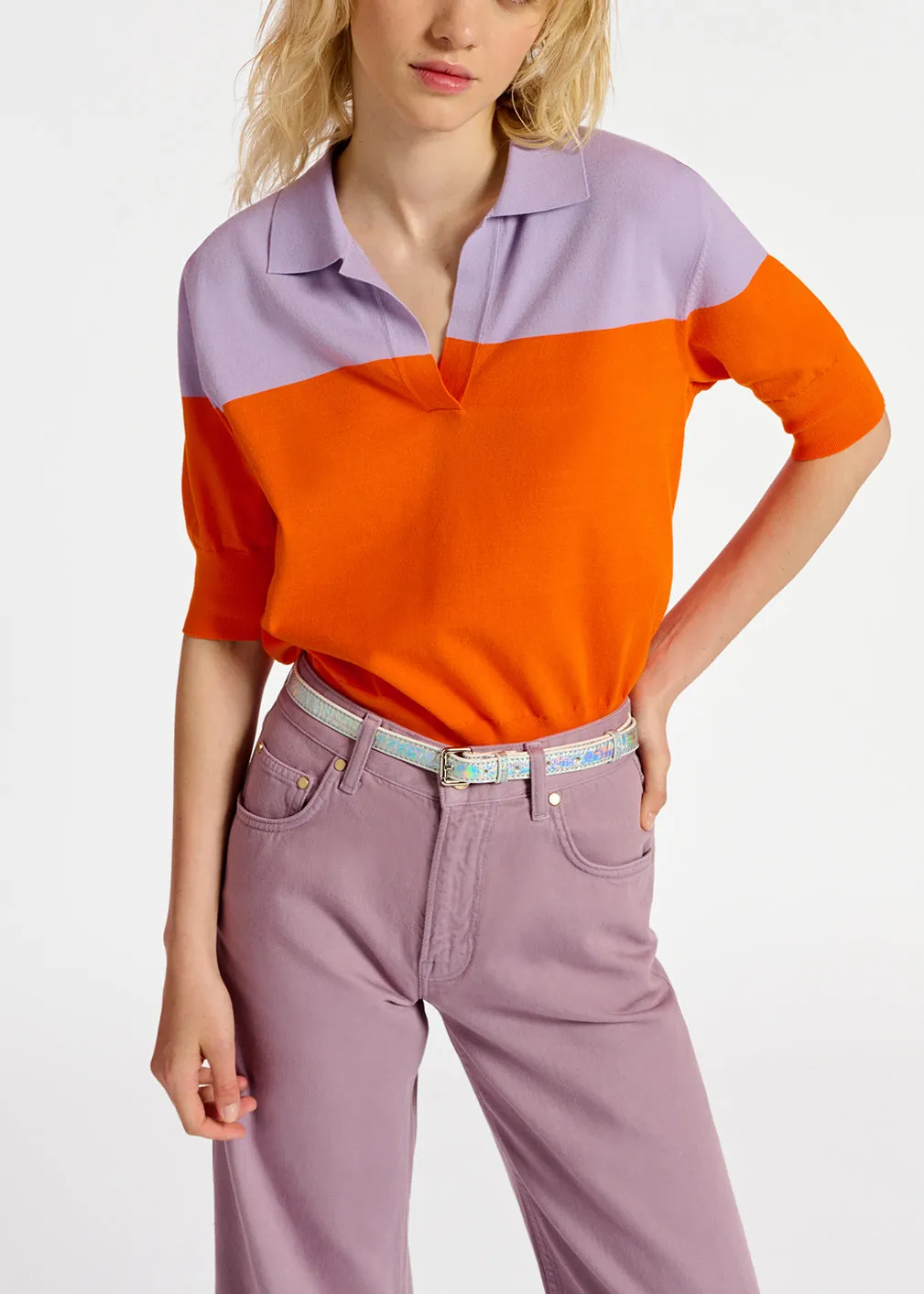 Orange and lilac knitted polo top