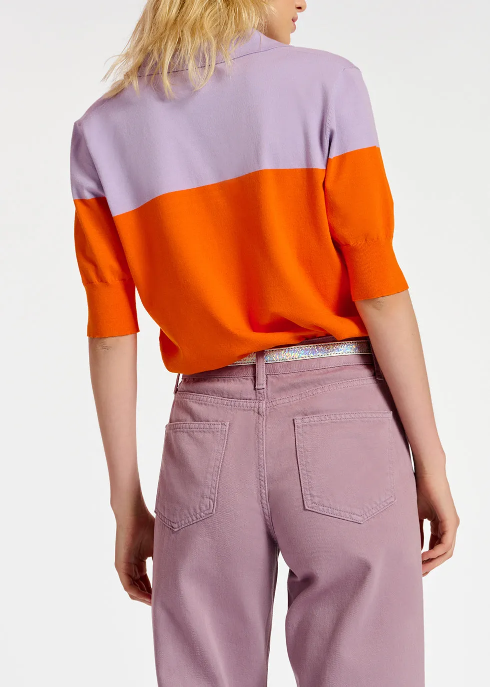 Orange and lilac knitted polo top