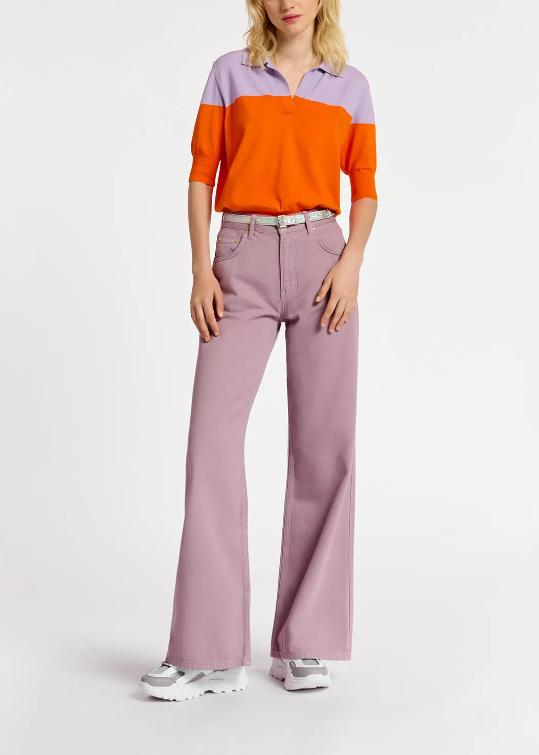Orange and lilac knitted polo top