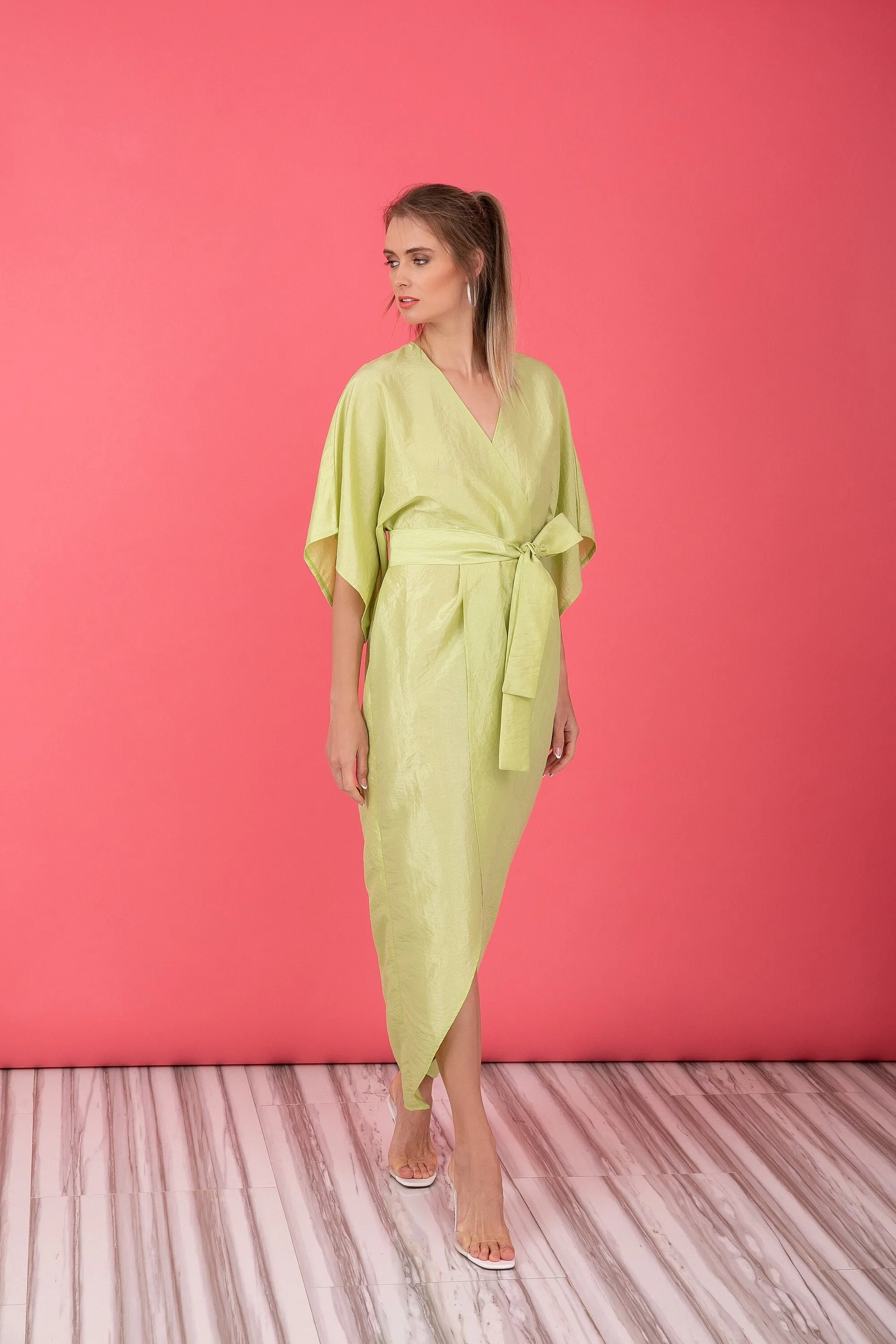 Pastel Green Taffeta Dress, Kimono Dress With Wide Sleeves, Wrap Midi Dress, Tulip Dress With Belt