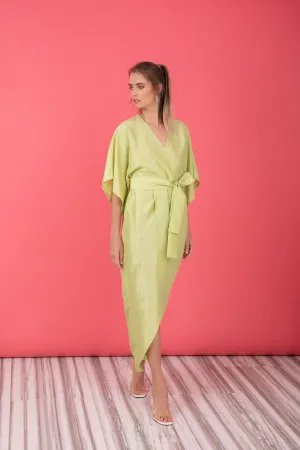 Pastel Green Taffeta Dress, Kimono Dress With Wide Sleeves, Wrap Midi Dress, Tulip Dress With Belt
