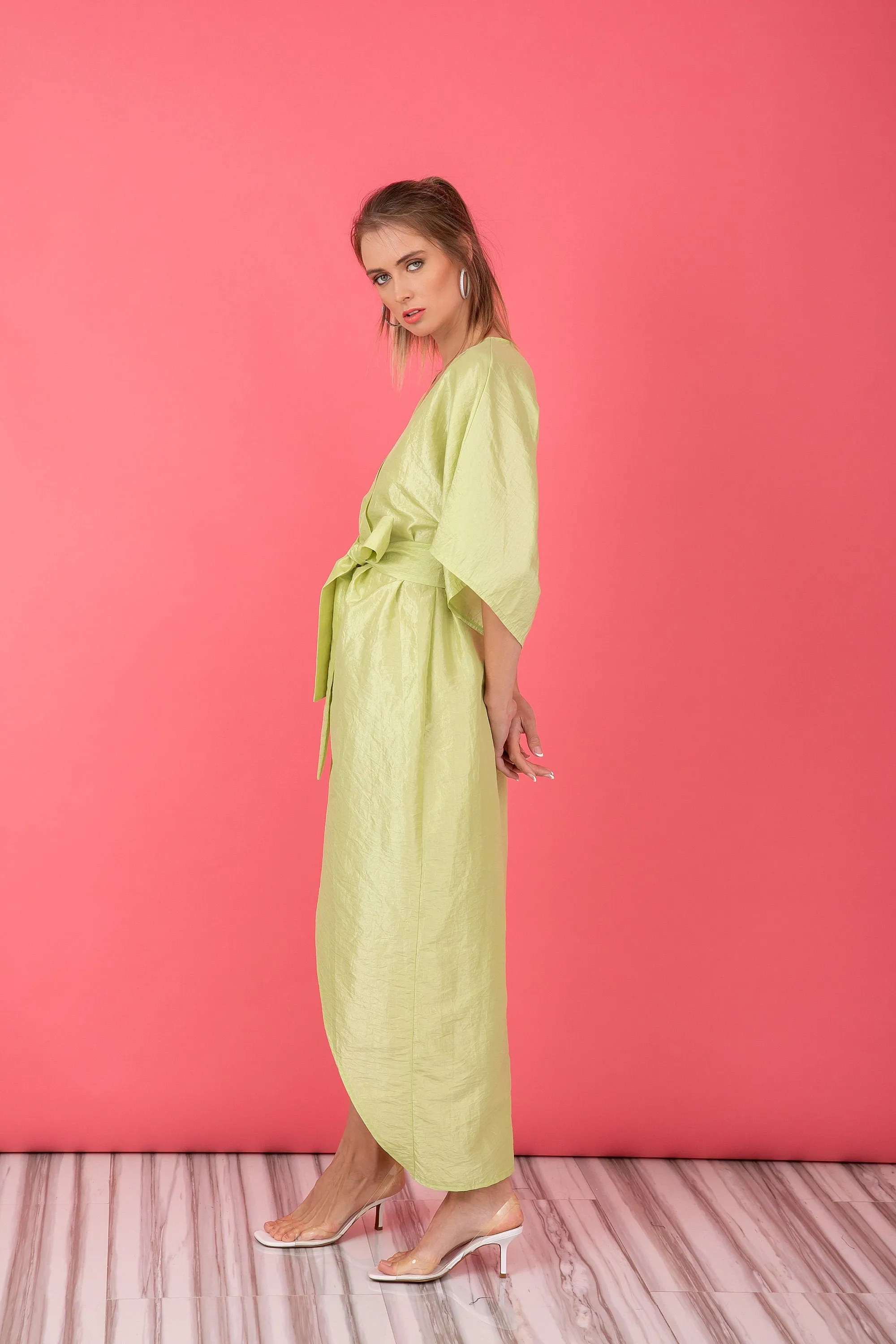 Pastel Green Taffeta Dress, Kimono Dress With Wide Sleeves, Wrap Midi Dress, Tulip Dress With Belt