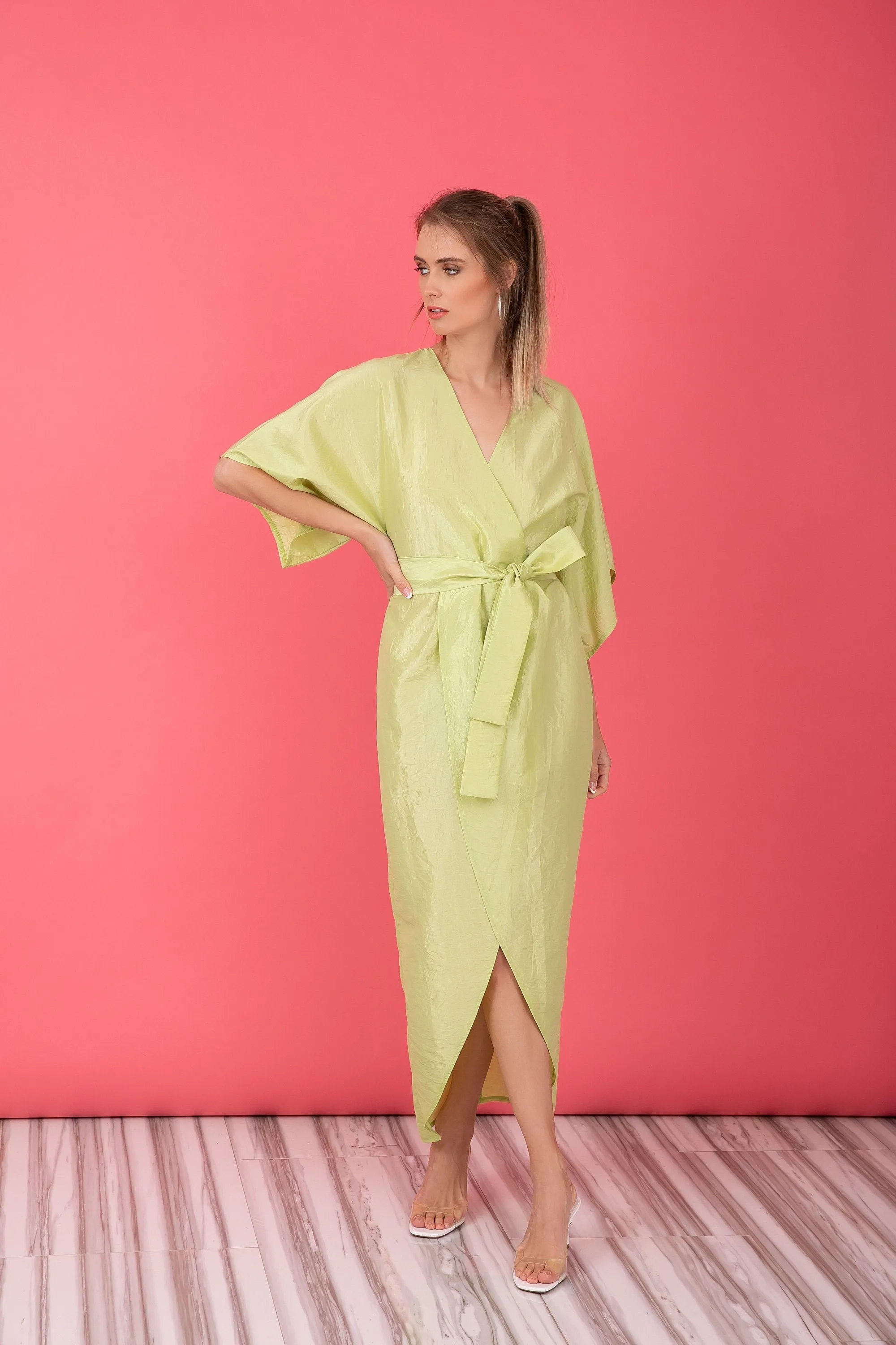 Pastel Green Taffeta Dress, Kimono Dress With Wide Sleeves, Wrap Midi Dress, Tulip Dress With Belt