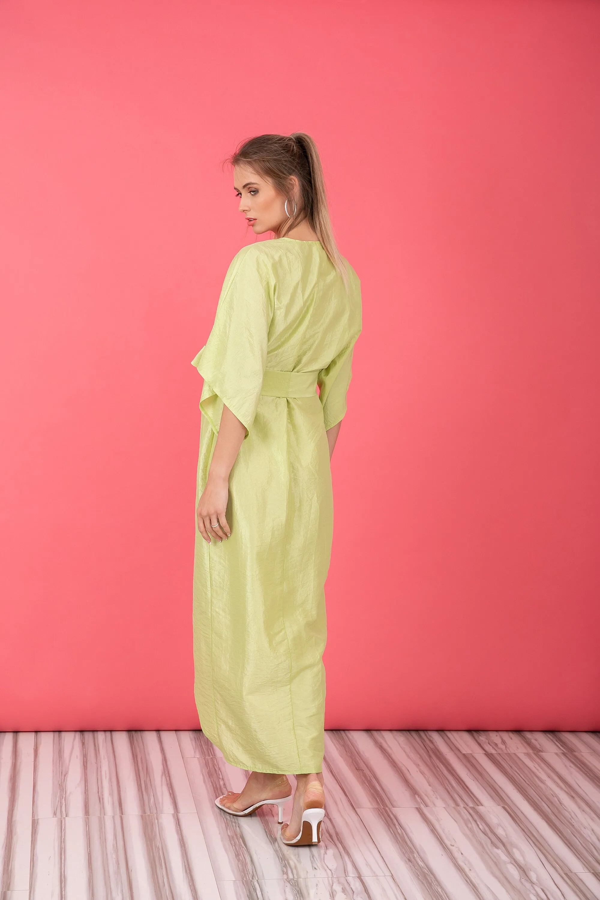Pastel Green Taffeta Dress, Kimono Dress With Wide Sleeves, Wrap Midi Dress, Tulip Dress With Belt
