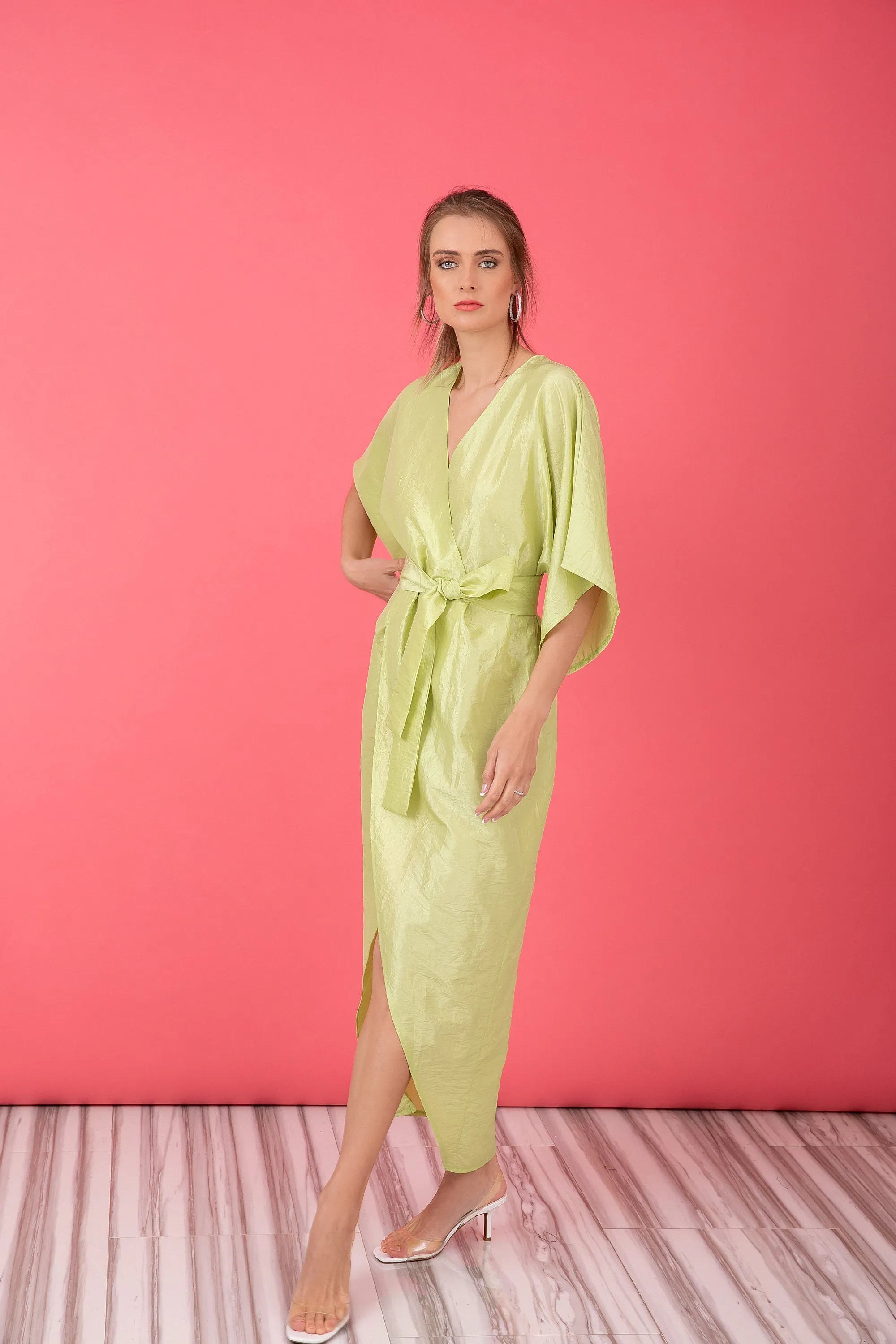 Pastel Green Taffeta Dress, Kimono Dress With Wide Sleeves, Wrap Midi Dress, Tulip Dress With Belt
