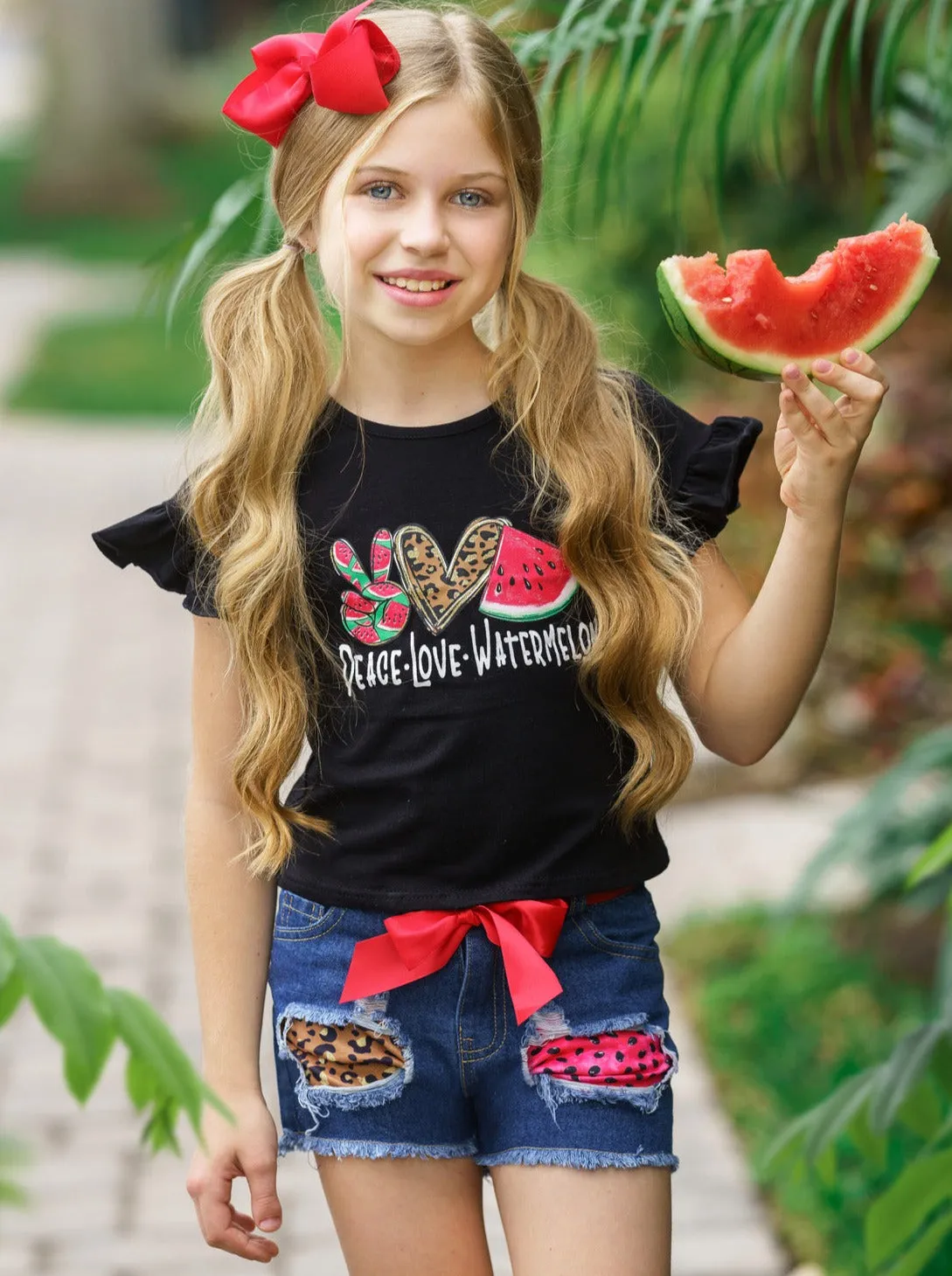 Peace, Love, Watermelon Patched Denim Short Set
