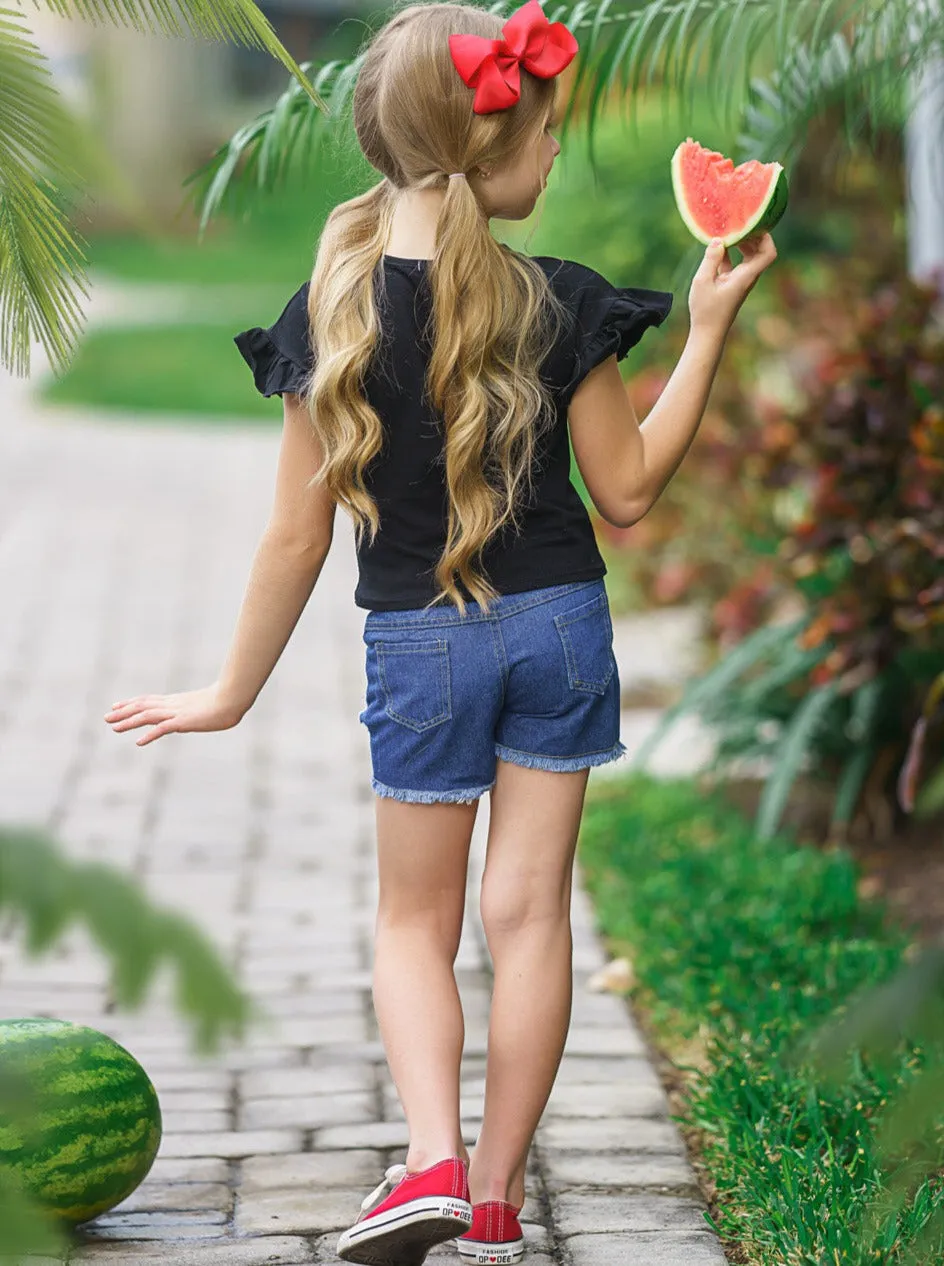 Peace, Love, Watermelon Patched Denim Short Set