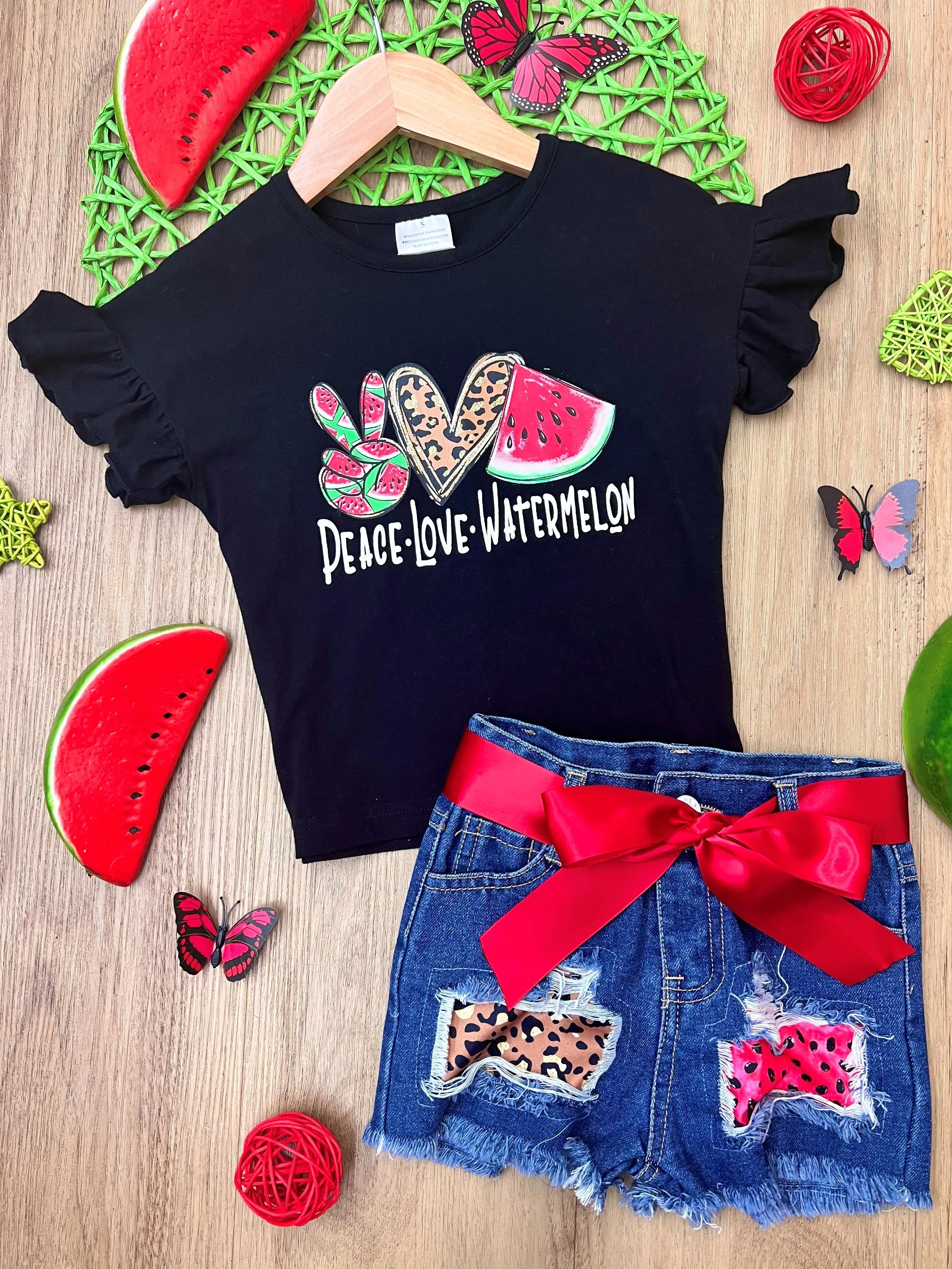 Peace, Love, Watermelon Patched Denim Short Set
