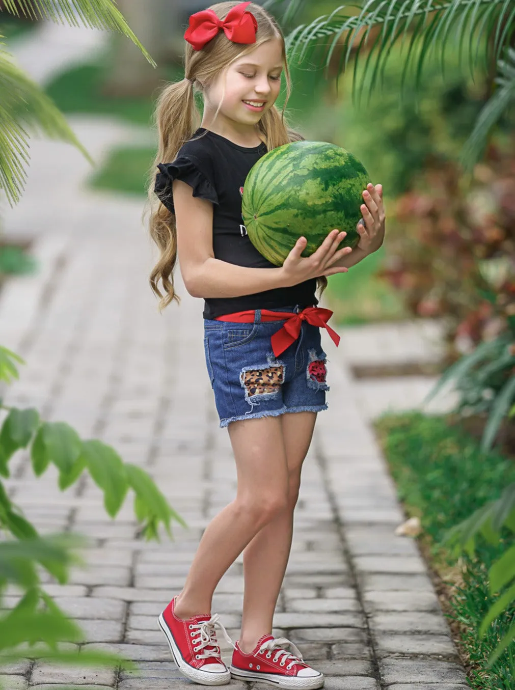 Peace, Love, Watermelon Patched Denim Short Set