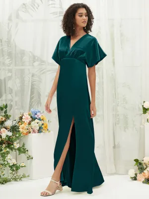 Peacock V-Neck Short Sleeve Satin Maxi Bridesmaid Dress With Slit