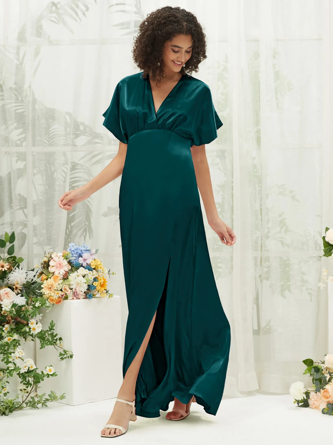 Peacock V-Neck Short Sleeve Satin Maxi Bridesmaid Dress With Slit